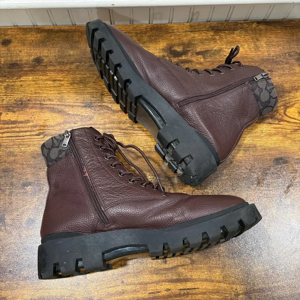 Coach Mens Size 11.5 Boots Citysole Monogram Signature Grained Leather Burgundy